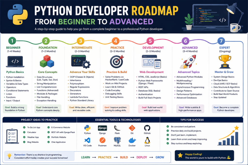 Python developer roadmap for beginners to advanced software development and AI engineering