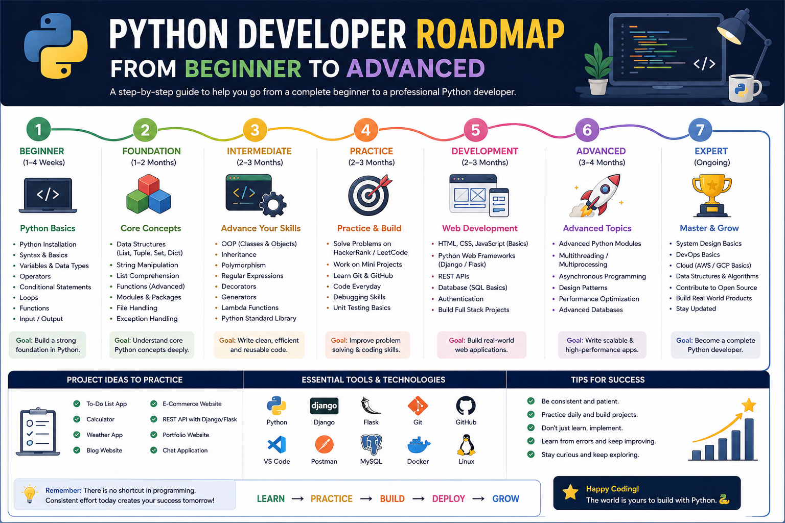 Python developer roadmap for beginners to advanced software development and AI engineering