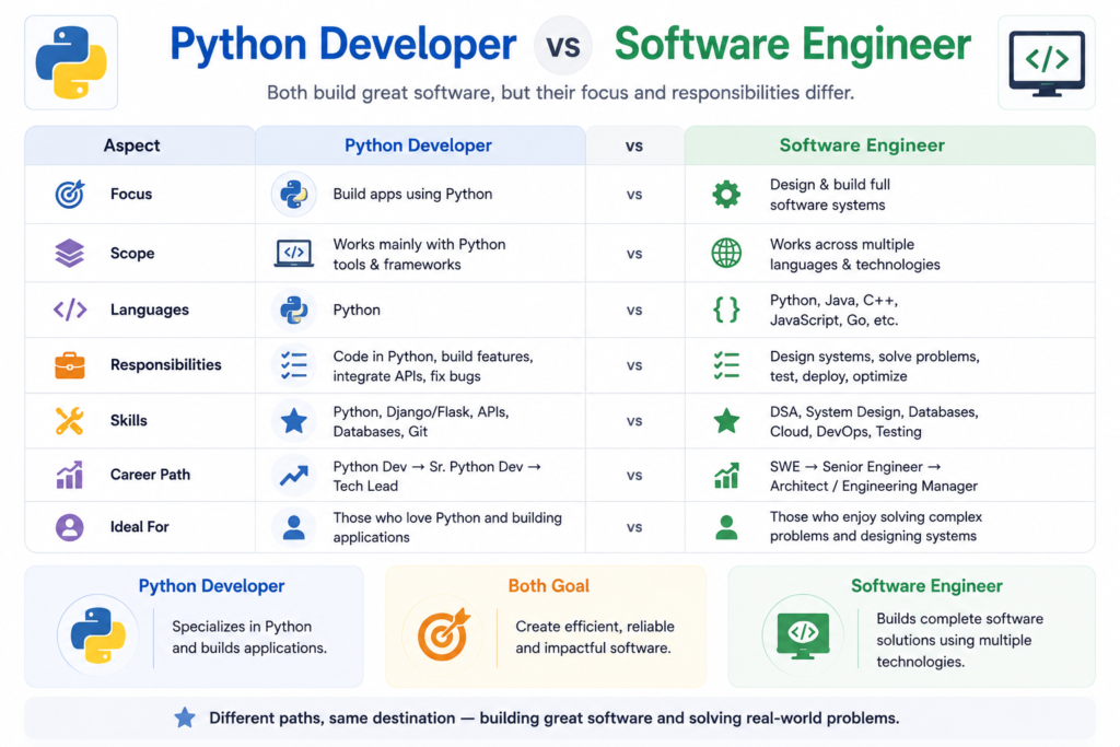 Python developer vs software engineer comparison including skills, salaries, and career opportunities