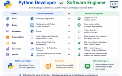 Python developer vs software engineer comparison including skills, salaries, and career opportunities