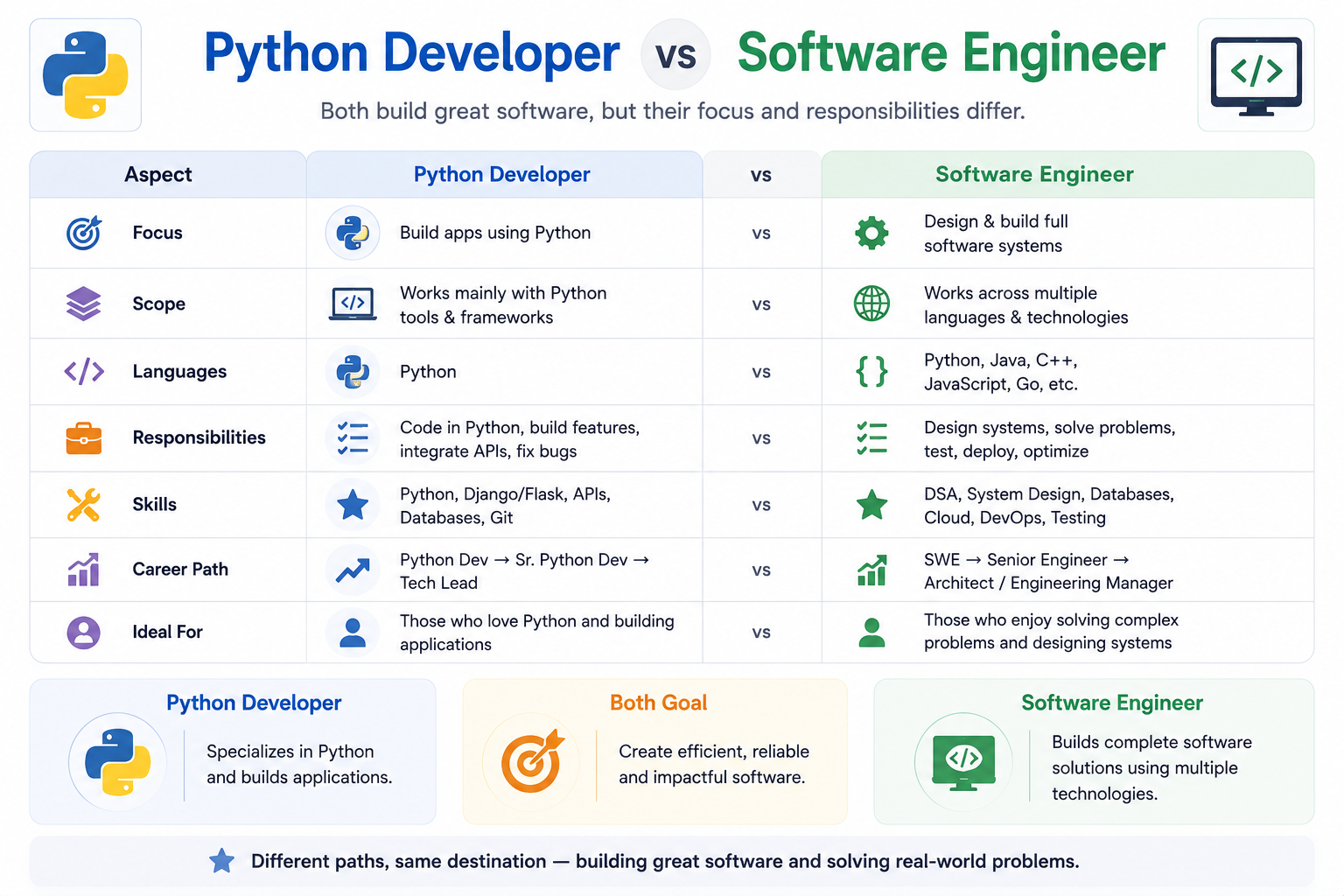 Python developer vs software engineer comparison including skills, salaries, and career opportunities
