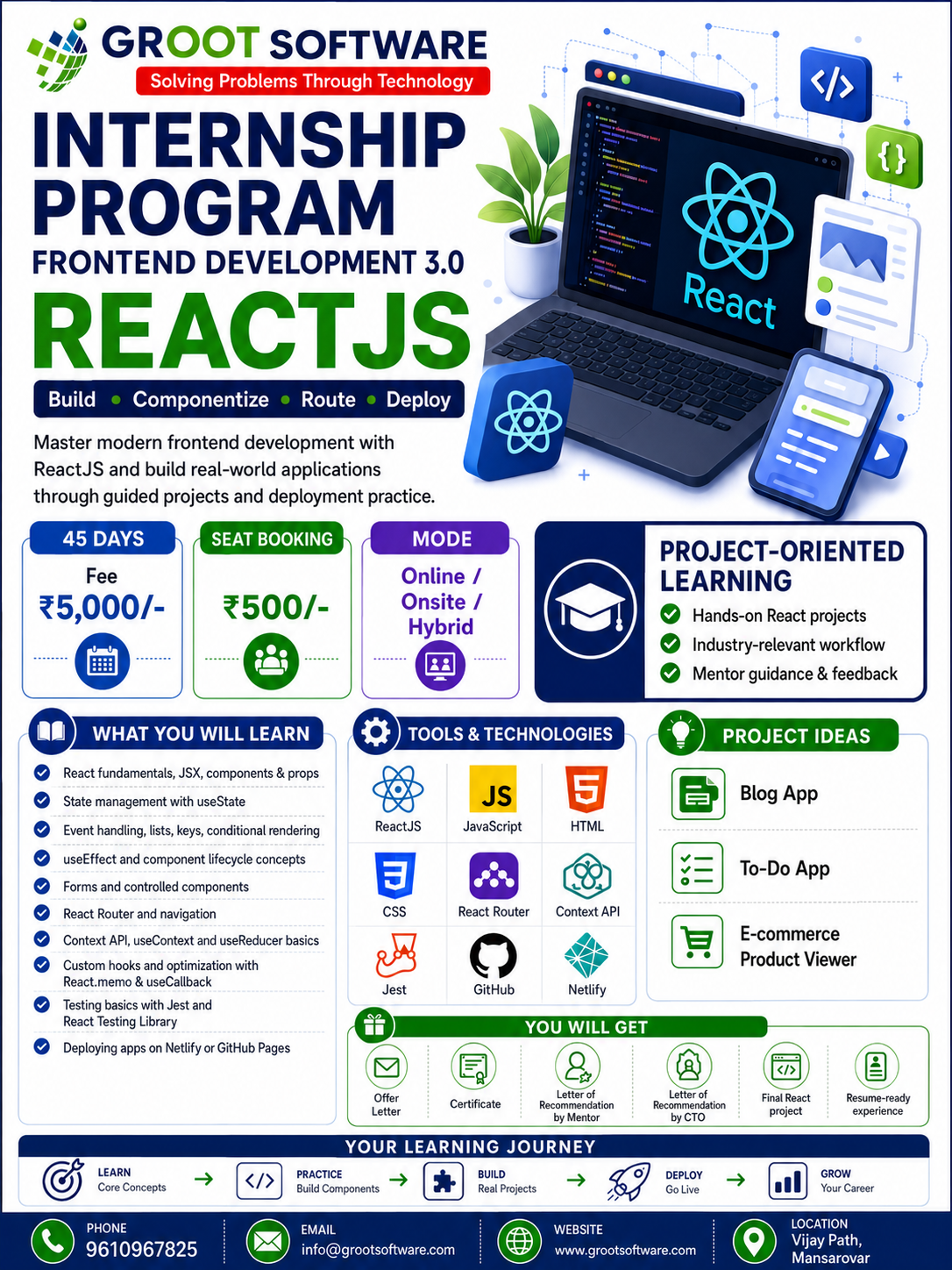 ReactJS frontend development internship program with routing systems, hooks, testing, and deployment workflows