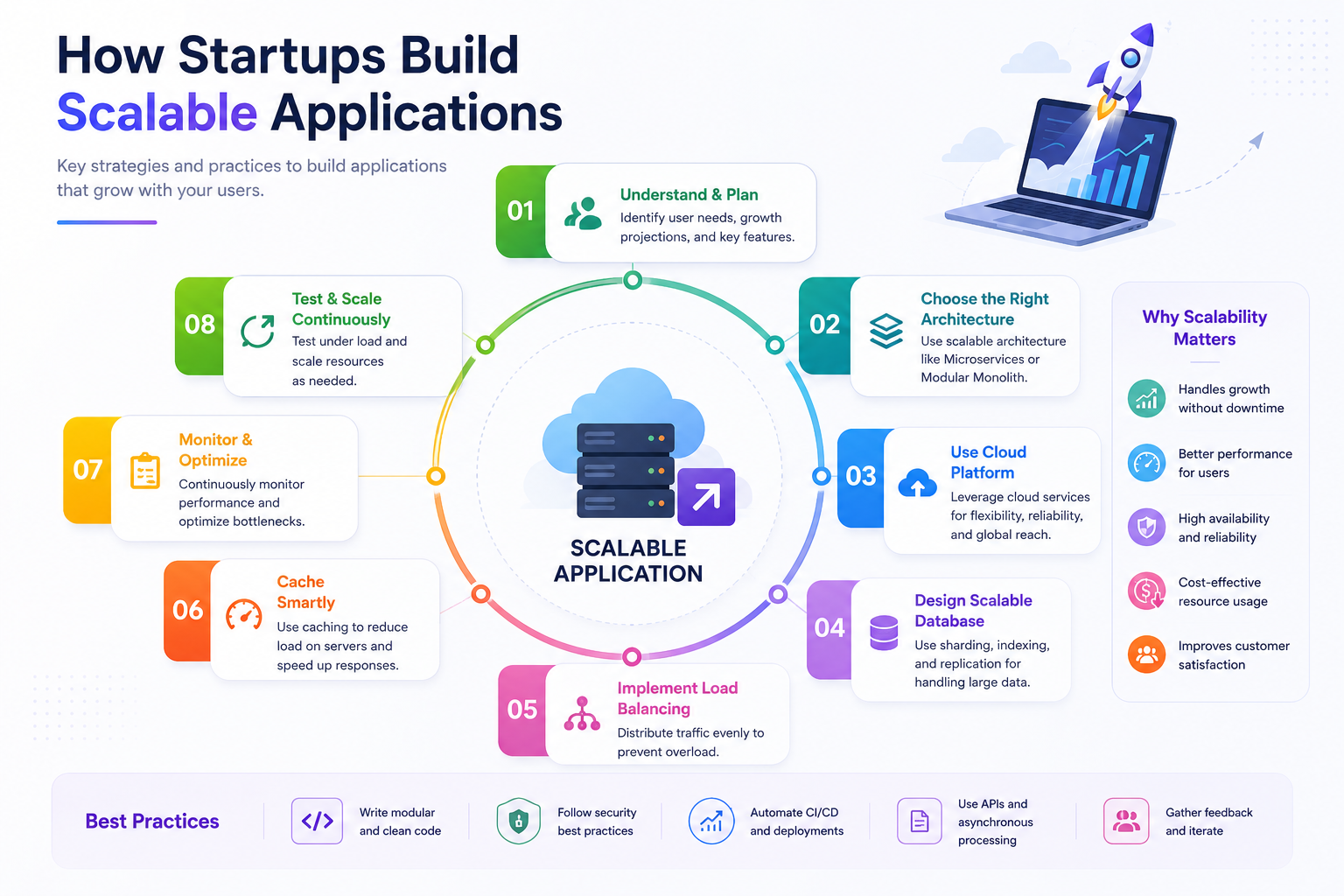 Scalable application development using cloud computing, APIs, databases, DevOps, and scalable architectures