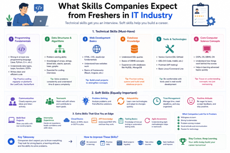IT industry skills for freshers including programming, APIs, GitHub, full stack development, and teamwork