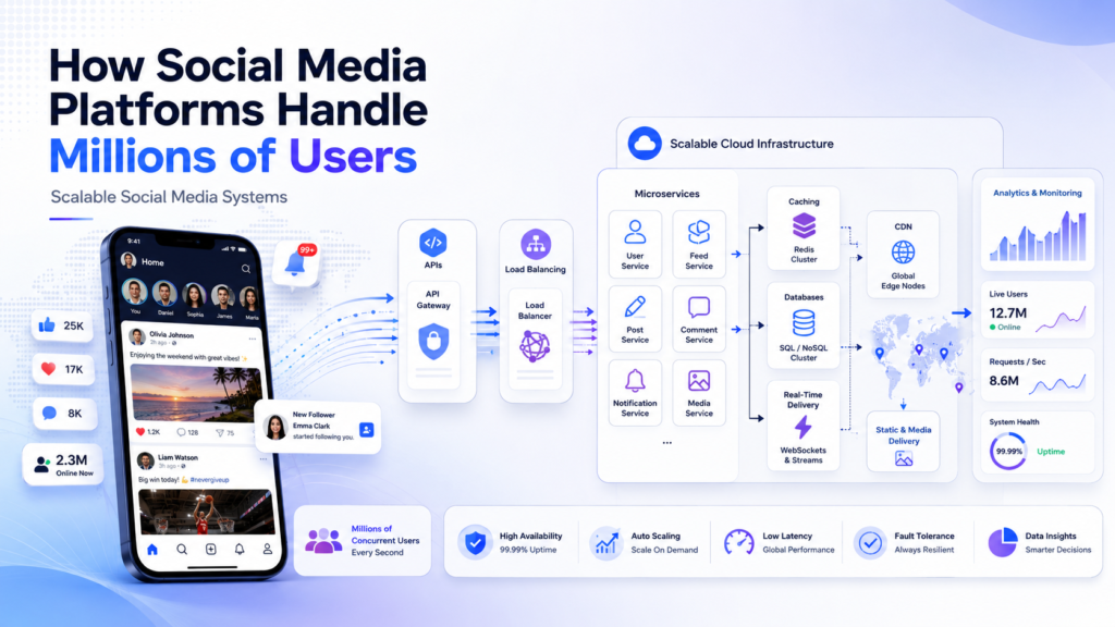 Scalable social media systems using APIs, cloud computing, databases, AI recommendation systems, and backend architectures