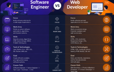 Software engineer vs web developer comparison including frontend, backend, system design, and software development
