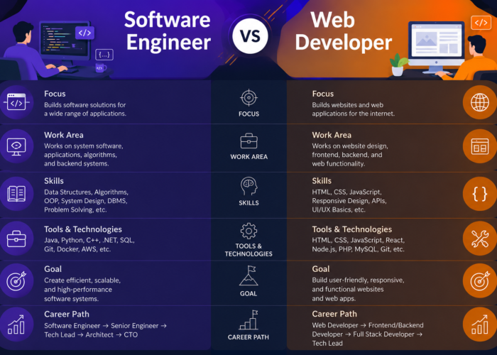 Software engineer vs web developer comparison including frontend, backend, system design, and software development