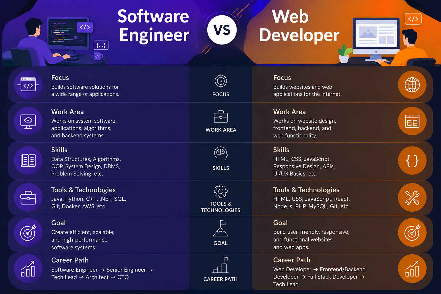 Software engineer vs web developer comparison including frontend, backend, system design, and software development