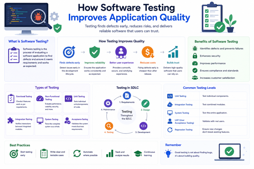Software testing basics including automation testing, API testing, performance testing, and quality assurance