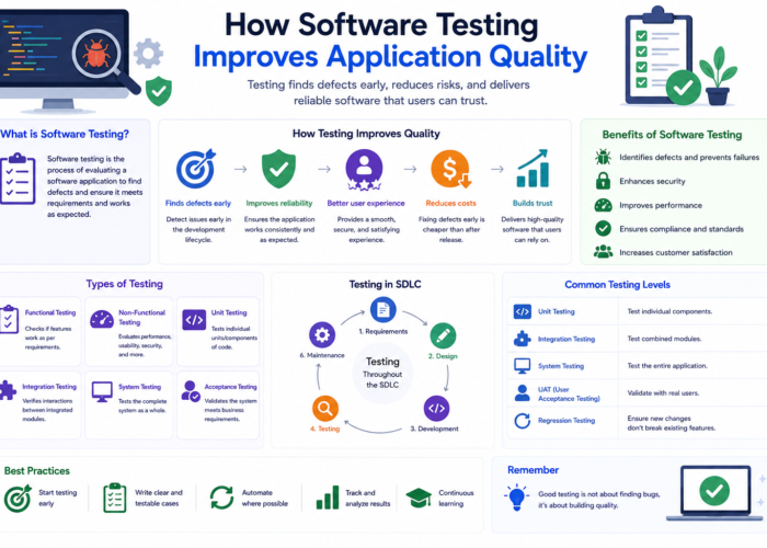 Software testing basics including automation testing, API testing, performance testing, and quality assurance