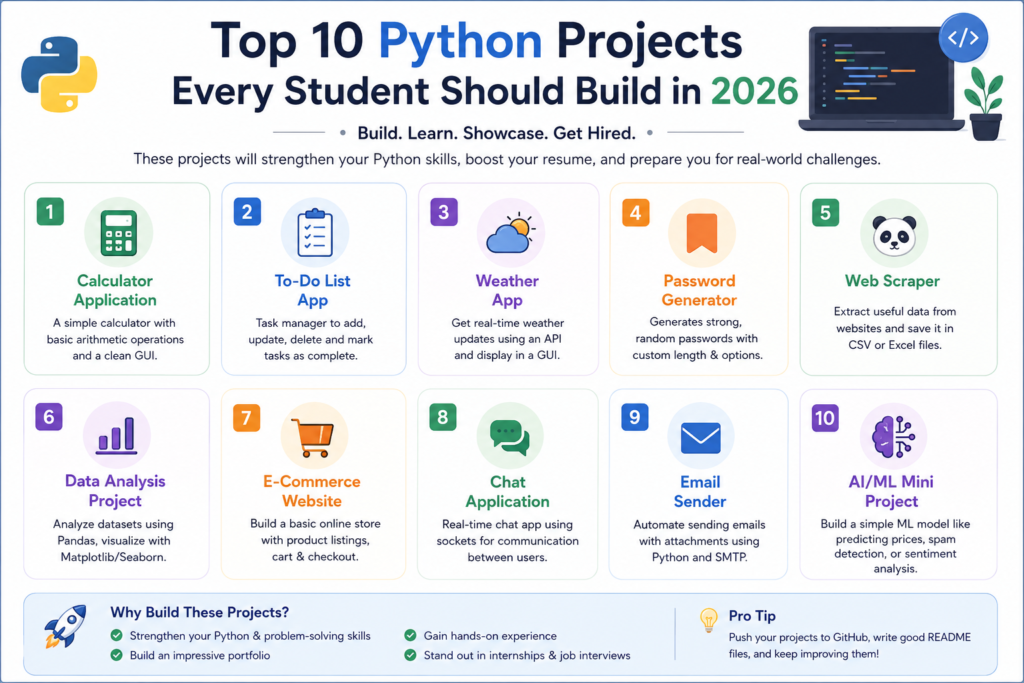 Top Python projects for students in 2026 including AI, automation, and web development projects