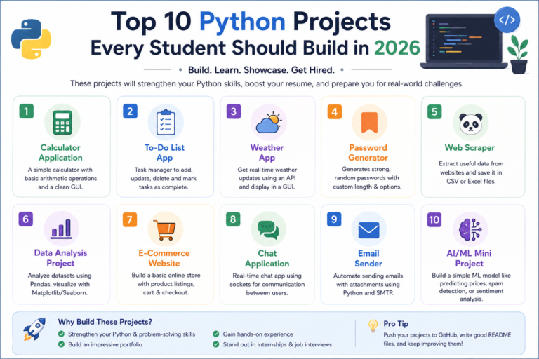 Top Python projects for students in 2026 including AI, automation, and web development projects