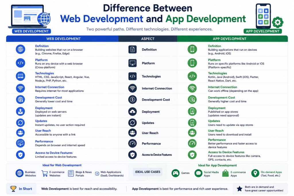 Web vs app development comparison including technologies, careers, frontend, backend, and mobile development