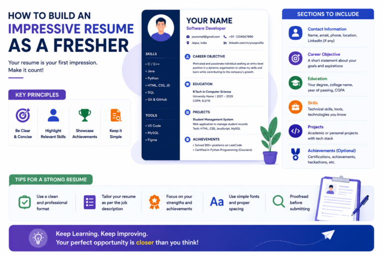 Fresher creating a professional resume with projects, internships, technical skills, GitHub portfolio, and career achievements