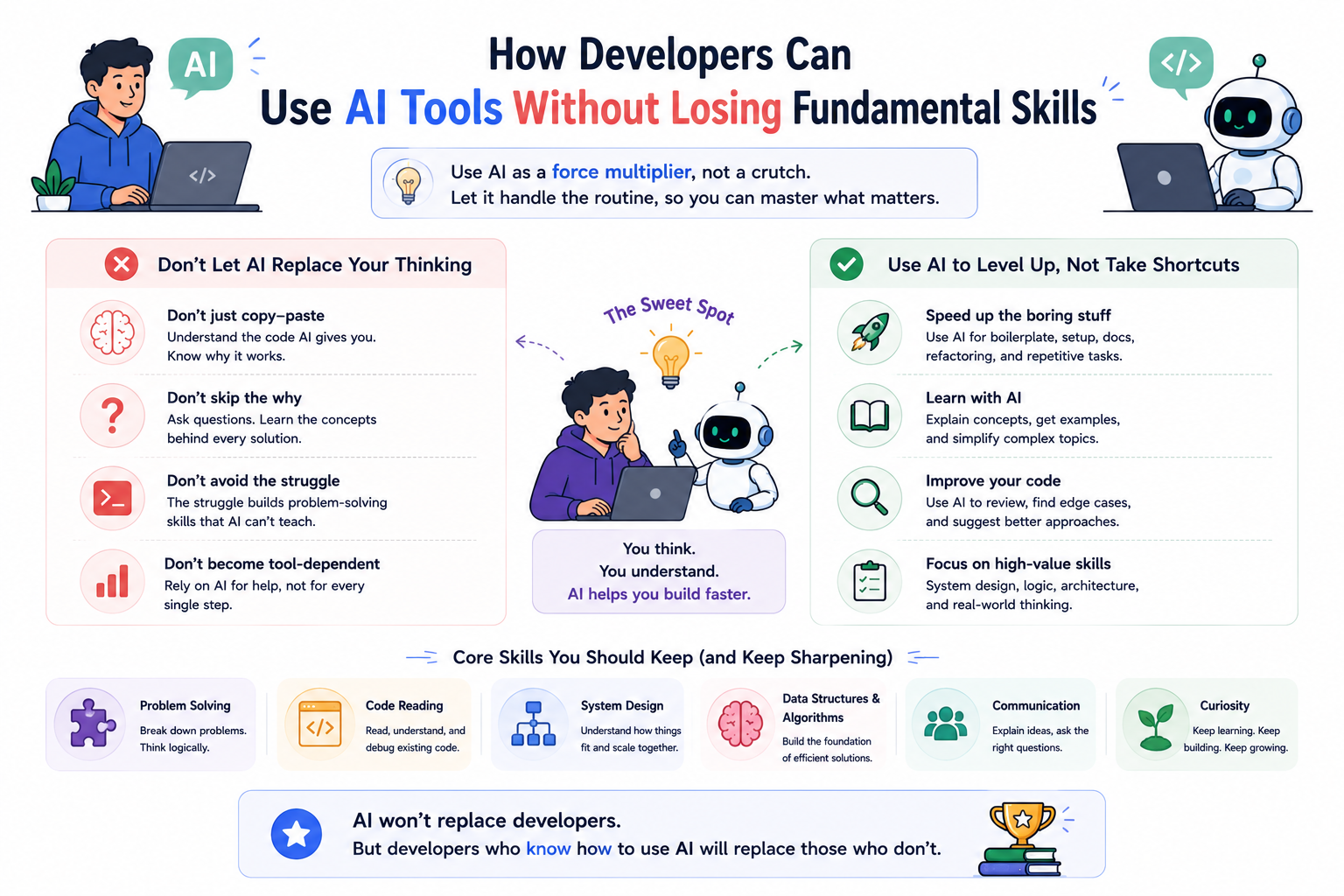 Software developer using AI coding tools while practicing programming fundamentals, debugging, system design, and problem solving