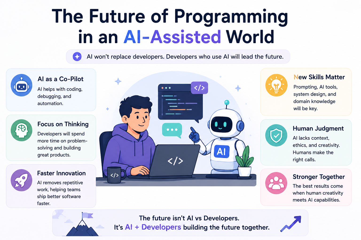 Software developer collaborating with AI tools to design systems, write code, and build future-ready software applications
