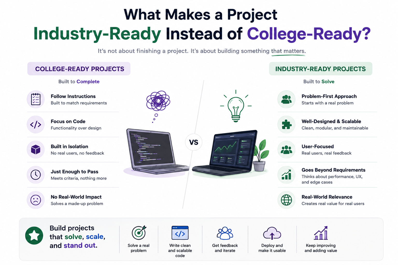 Comparison between college projects and industry-ready software projects showing deployment, GitHub, security, scalability, and real-world features