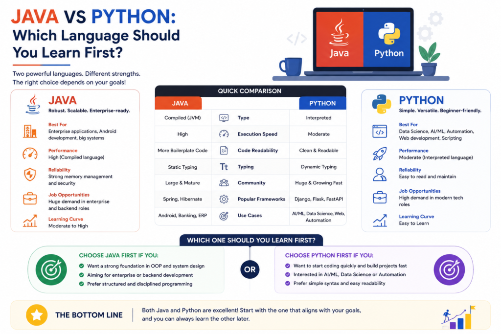 Comparison between Java and Python programming languages for beginners and software development careers