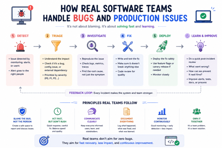 Software engineering team monitoring applications, debugging production issues, analyzing logs, and resolving incidents