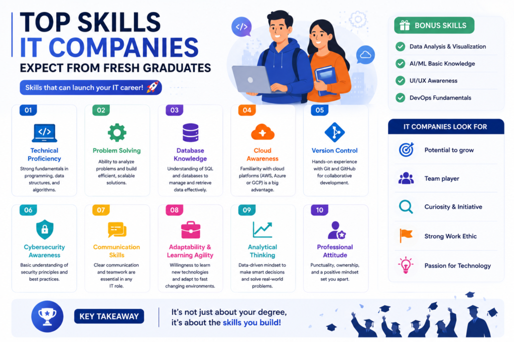 Fresh graduate preparing for IT jobs with programming, projects, GitHub portfolio, internships, and communication skills