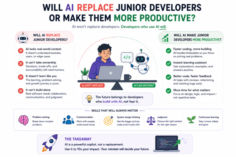 Junior software developer working alongside AI coding assistant to build software applications and solve complex problems