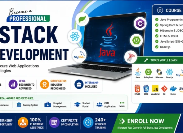 Full Stack Java Development Course in Jaipur by Groot Academy covering Java, Spring Boot, React.js, MySQL, Hibernate, REST APIs, internship, live projects, and placement assistance.