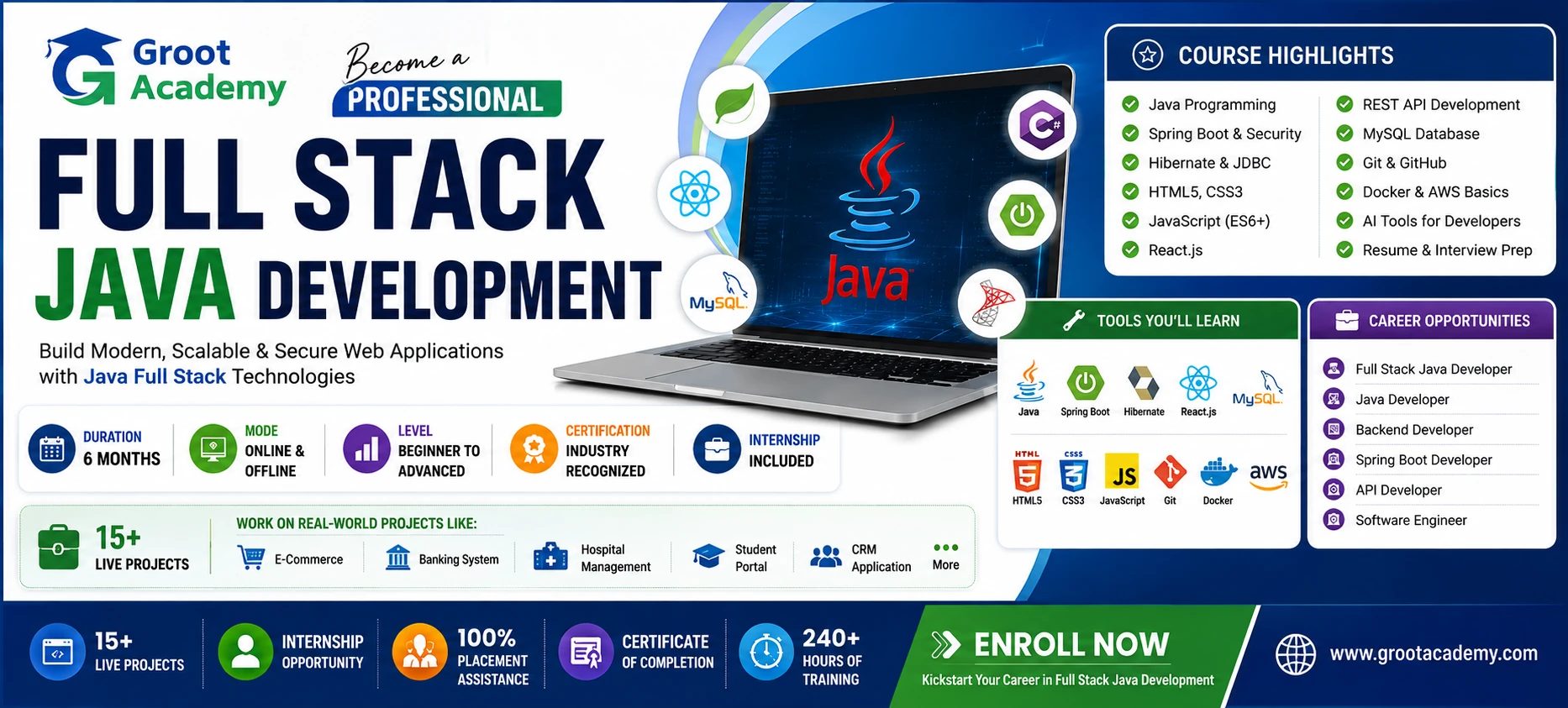 Full Stack Java Development Course in Jaipur by Groot Academy covering Java, Spring Boot, React.js, MySQL, Hibernate, REST APIs, internship, live projects, and placement assistance.