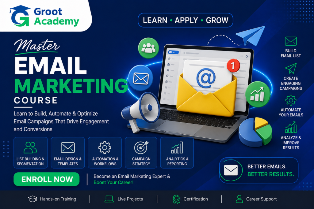 Email Marketing Course in Jaipur covering email campaigns, automation, list building and analytics at Groot Academy