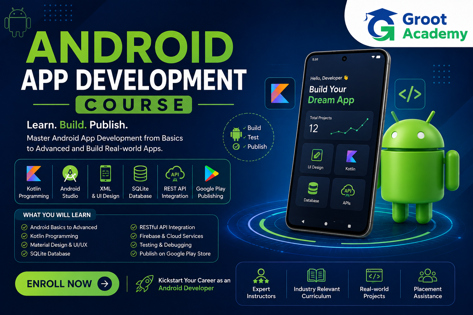 Android App Development Course at Groot Academy Jaipur covering Kotlin, Android Studio, XML UI design, SQLite database, REST API integration and Google Play publishing.
