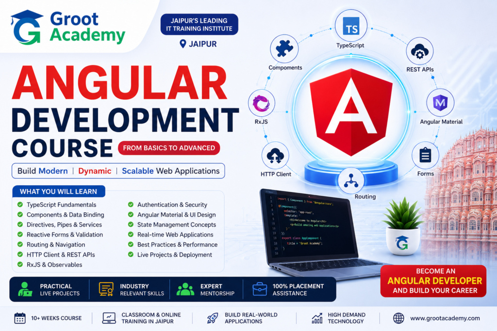 Angular Development Course in Jaipur with TypeScript, Components, RxJS, REST APIs, Angular Material and Live Projects by Groot Academy
