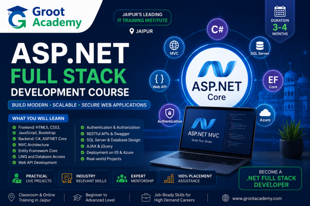 ASP.NET Full Stack Development Course in Jaipur by Groot Academy with C#, .NET Core, SQL Server, Entity Framework and Azure training