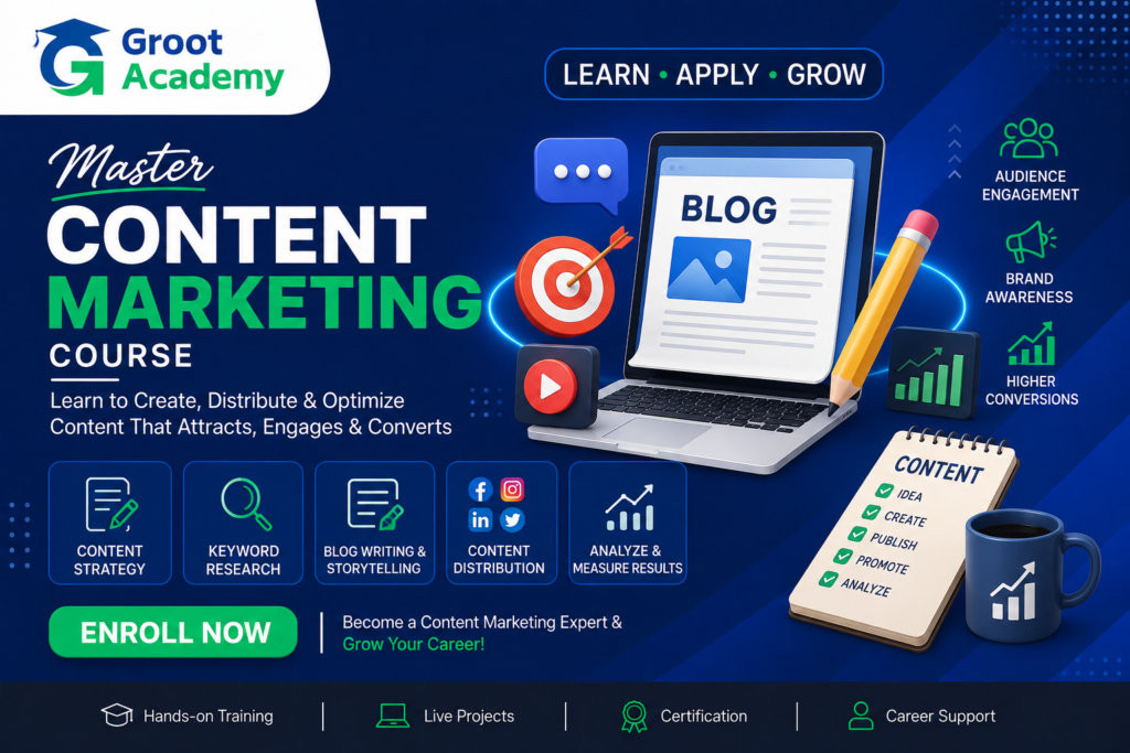 Content Marketing Course in Jaipur covering content strategy, keyword research, blog writing and content distribution at Groot Academy