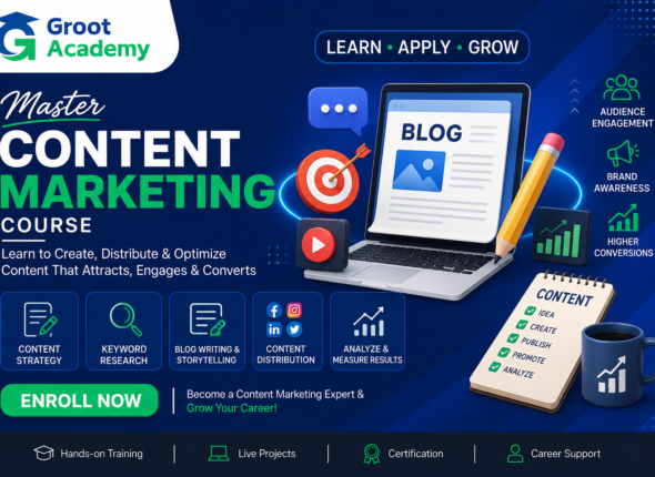Content Marketing Course in Jaipur covering content strategy, keyword research, blog writing and content distribution at Groot Academy