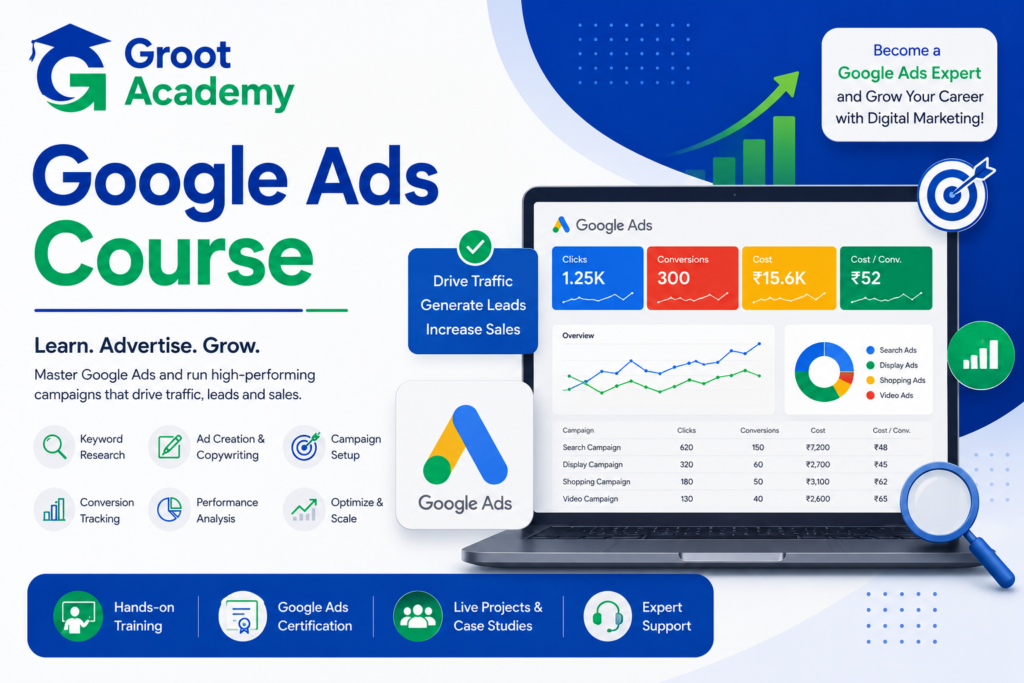 Google Ads Course in Jaipur at Groot Academy – Learn Google Ads Campaigns, Keyword Research, Conversion Tracking and Performance Optimization