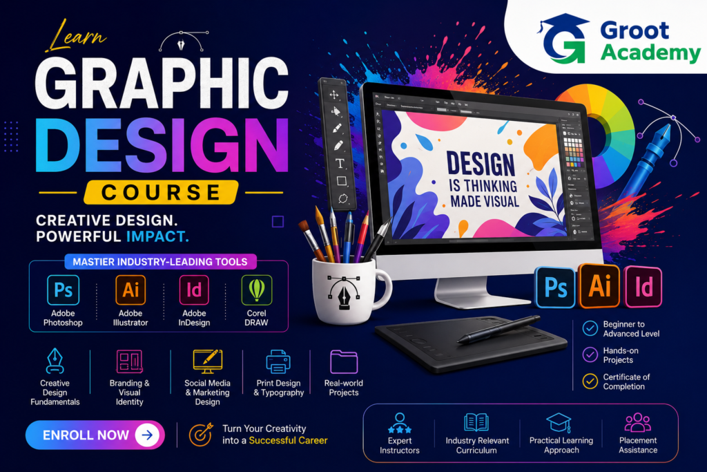 Graphic Design Course at Groot Academy Jaipur covering Adobe Photoshop, Illustrator, InDesign, CorelDRAW, branding, social media design and print design.