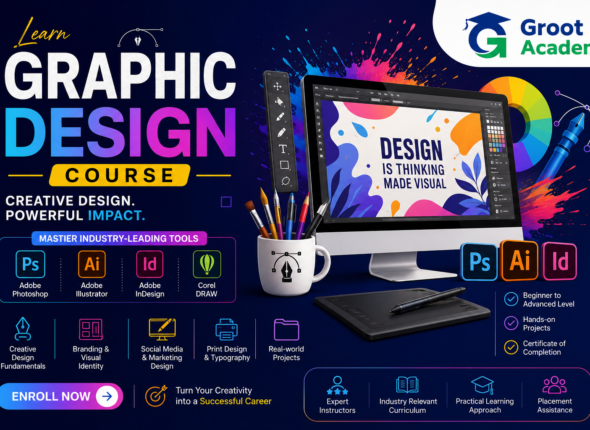 Graphic Design Course at Groot Academy Jaipur covering Adobe Photoshop, Illustrator, InDesign, CorelDRAW, branding, social media design and print design.