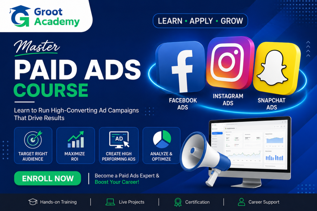 Paid Ads Course covering Facebook Ads, Instagram Ads and Snapchat Ads at Groot Academy