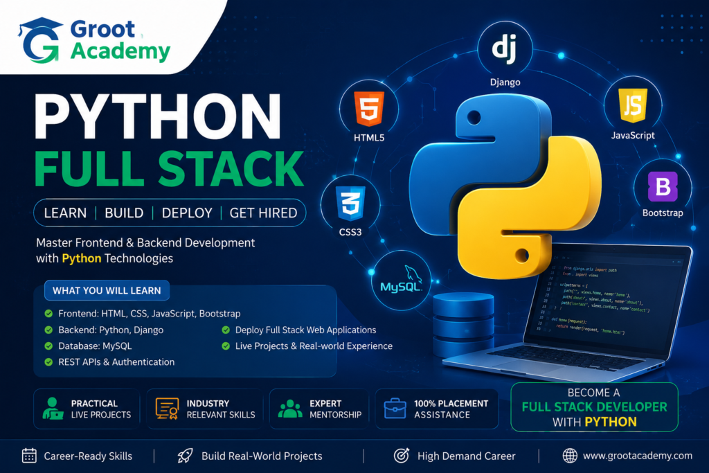 Python Full Stack Development Course in Jaipur covering Python, Django, HTML, CSS, JavaScript and SQL at Groot Academy