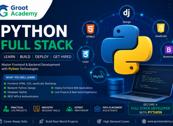 Python Full Stack Development Course in Jaipur covering Python, Django, HTML, CSS, JavaScript and SQL at Groot Academy