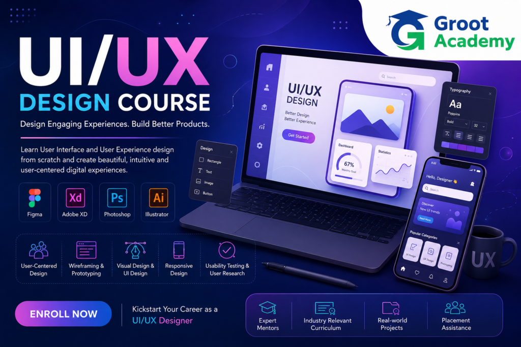 UI UX Design Course at Groot Academy Jaipur covering Figma, Adobe XD, Photoshop, Illustrator, wireframing, prototyping and user-centered design.